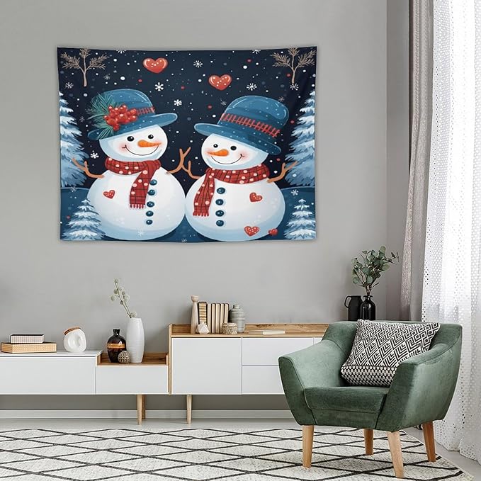 MaSiledy Tapestries Snowman Couple Tapestry Vintage Christmas Cute Snowman Tapestries for Bedroom Wall Art for Bedroom Living Room Decor Home Decor 30"x40" Xmas Wall Hanging Polyester Tapestries