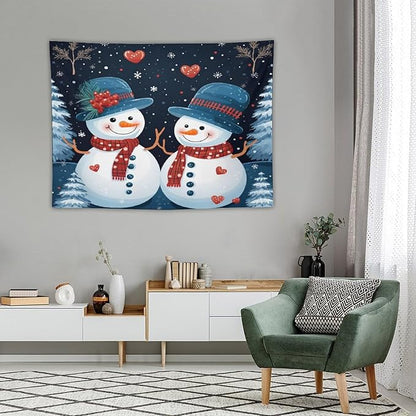 MaSiledy Tapestries Snowman Couple Tapestry Vintage Christmas Cute Snowman Tapestries for Bedroom Wall Art for Bedroom Living Room Decor Home Decor 30"x40" Xmas Wall Hanging Polyester Tapestries