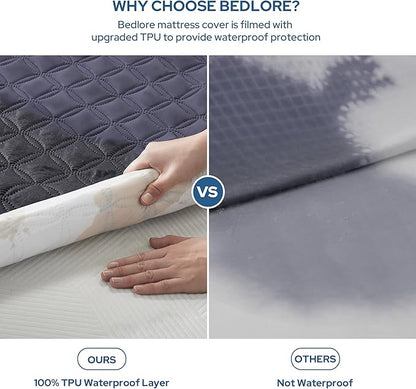 BEDLORE Waterproof Mattress Protector, Queen Size Noiseless Mattress Pad with Deep Pocket 6"-18" Depth, Soft Breathable Bed Mattress Cover Washable for Home, Bedroom, Hotel (Navy Blue)
