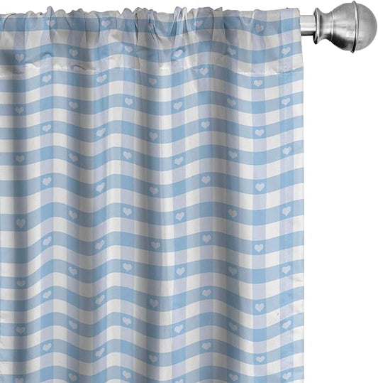 Ambesonne Checkered Curtains, Gingham Motif with Little Hearts Pastel Blue Shower Theme, Window Treatments 2 Panel Set for Living Room Bedroom, Pair of - 28" x 95", Blue