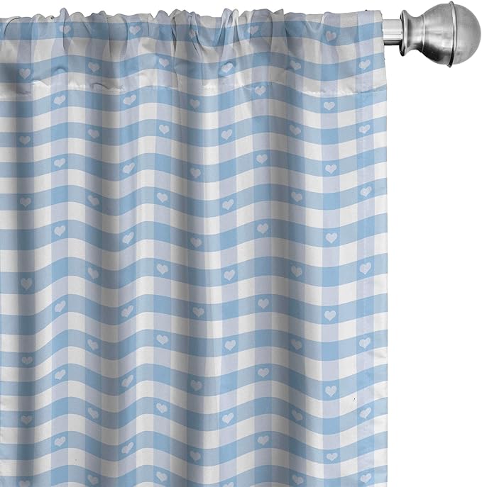 Ambesonne Checkered Window Curtains Pack of 2, Gingham Motif with Little Hearts Pastel Blue Shower Theme, Lightweight Set with Rod Pocket, 4 Panels of - 28" x 95", Blue