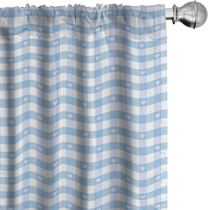 Ambesonne Checkered Window Curtains Pack of 2, Gingham Motif with Little Hearts Pastel Blue Shower Theme, Lightweight Set with Rod Pocket, 4 Panels of - 28" x 95", Blue