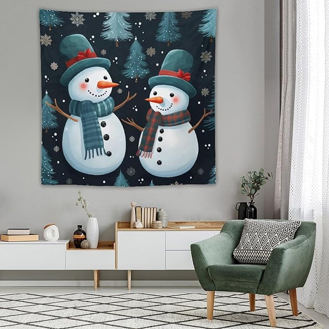 MaSiledy Wall Tapestries Snowman Couple Tapestry Winter Snowflake Cute Cartoon Funny Snowman Vintage Aesthetic Tapestry Wall Hanging Wall Decor for Bedroom Living Room Dorm 60"x60"