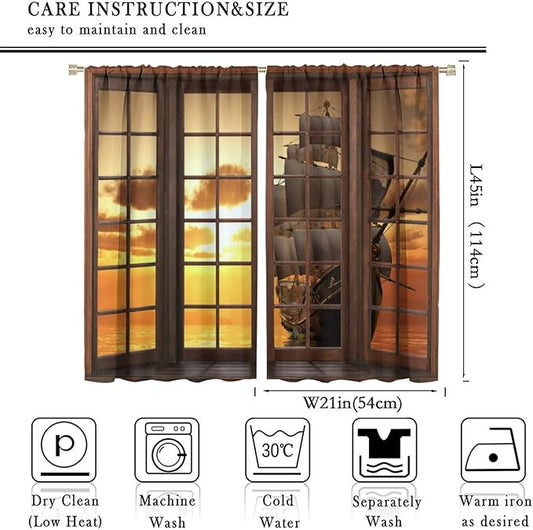 Retro Ship Curtains, Window View Sailing Boat Ship Schooner, Nautical Style Ocean Sunset Landscape Print Blackout Window Drapes for Boys Bedroom Living Room 42x45 Inch