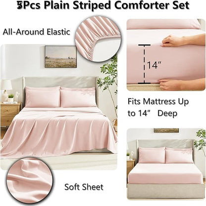 CozyLux Twin Comforter Set with Sheets Blush Pink, 5 Pieces Bed in a Bag, Pink Comforter Twin Size, All Season Bedding Set with Stitch Quilted Comforter, Flat Sheet, Fitted Sheet, Pillowcases