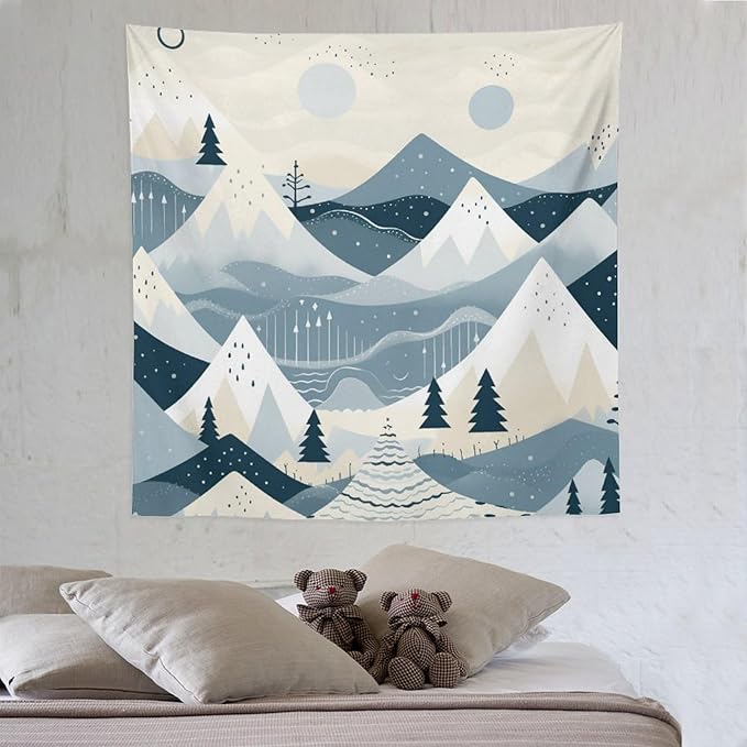 Wall Tapestry Snow Mountain Scandinavian Winter Tapestry Winter Holiday Tapestry Vintage Aesthetic Tapestries Wall Decor for Bedroom Living Room Dorm 60"x60" Tapestries Winter Snowflake Decorative