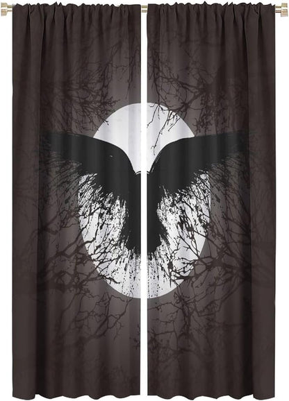 Cool Raven Print Curtains for Bedroom - Vintage Nordic Viking Theme Dead Tree Crow Full Moon Window Drapes,Energy Saving Thermal Insulated Rod Pocket Bedroom Blackout Curtains 2 Panels 63L x 21W