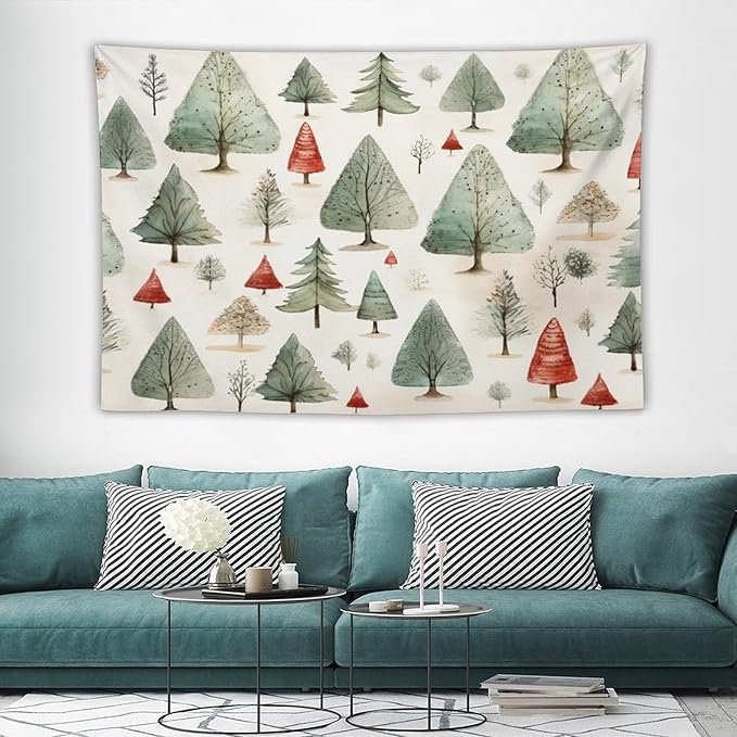 MaSiledy Tapestry Vintage Christmas Tree Watercolor Aesthetic Bedroom Tapestries Merry Christmas Winter Xmas Tapestry As Wall Art Wall Art for Bedroom Wall Hanging for Room Landscape 60"x90"