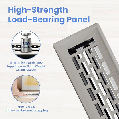 2x12 Inches 4 Pack Heavy Duty Walkable Floor Register - Easy Adjust Air Supply Lever Decorative Floor Vent Covers, Boston Design Vent Covers for Home - Satin Nickel