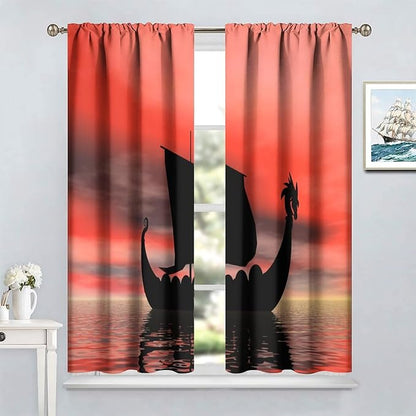 Viking Ship Curtains, Fantasy Ocean Vintage Sailboat at Sundown Nautical Themed Print Blackout Window Treatments for Boys Bedroom Living Room 63x63in