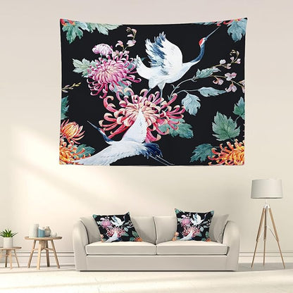 Batmerry Red Green Cranes Floral Leaves Tapestry, Traditional Japanese Watercolor Sytle Design Tapestry for Living Room Bedroom Wall Hanging Decorative 51.2x59.1 Inch