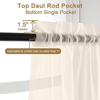 Chyhomenyc Cream Sheer Valances for Windows 2 Pack, Small Window Curtains for Living Room Bathroom Cafe Laundry Basement, Modern Top Dual Rod Pocket Voile Curtain, 42W x 14L inches