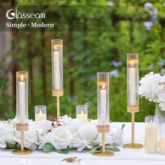 Glasseam Tapered Gold Candlestick Holders: 6 Pcs Tall Brass Taper Candle Holder with Ribbed Glass Cylinder - Hurricane Fluted Candle Holders for Table Centerpiece Wedding Party Christmas Decorations