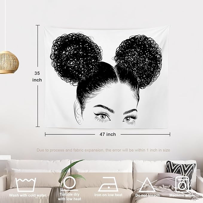 Batmerry Black American Afro Tapestry, White Graphic Woman Wall Art Hanging Decoration Polyester Fiber White Ruffled Around For Dorm Room Bedroom Living Room, 35 X 47 Inches