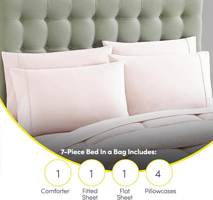 Sweet Home Collection 7 Piece Comforter Set Bag Solid Color All Season Soft Down Alternative Blanket & Luxurious Microfiber Bed Sheets, Pale Pink, Full