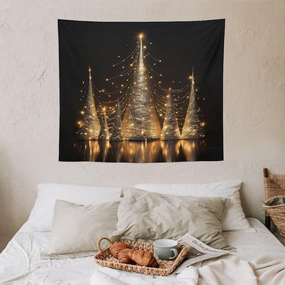 Silver Lighted Christmas Trees Tapastry's Wall Hanging Vintage Christmas Tapestries for Bedroom Landscape Tapestry Home Decoration for Living Room Bedroom 50"x60" Christmas Family Party