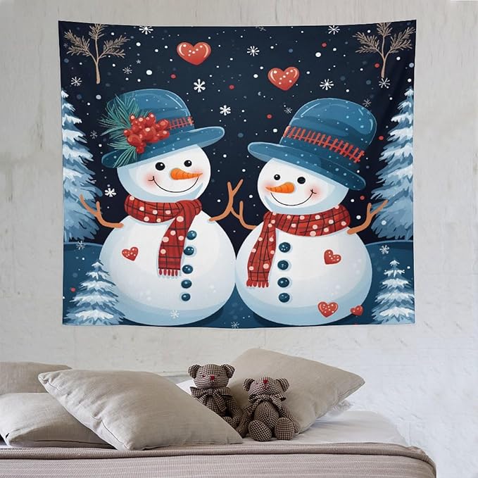 Tapestry Snowman Couple Wall Hanging Wall Tapestry Aesthetic Winter Snowflake Cute Cartoon Funny Snowman Wall Tapestries Wall Hanging Decor Tapestry for Bedroom Aesthetic Alt Room Landscape 50"x60"