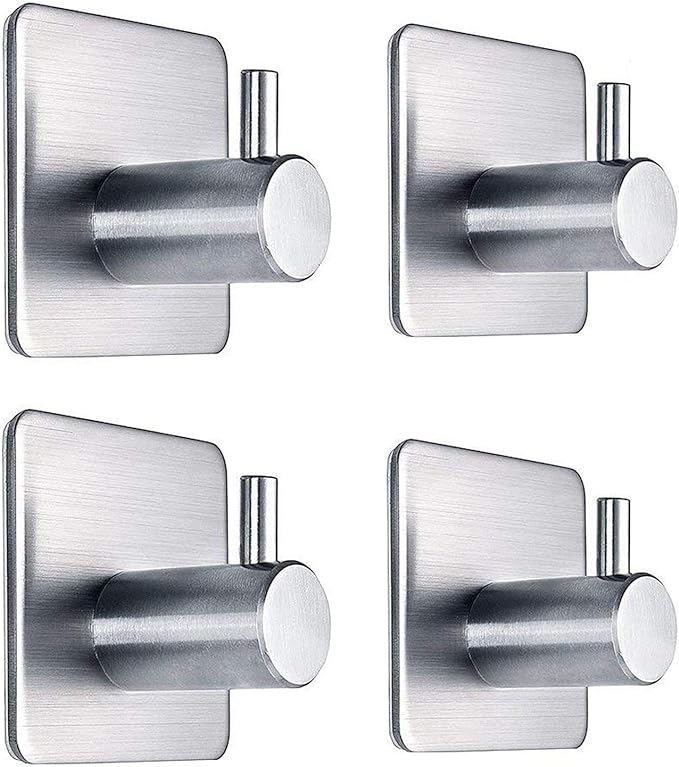 Adhesive Towel Hooks Heavy Duty Wall Hooks Waterproof Stainless Steel Hanger for Hanging Coat, Hat, Towel Robe Hook Rack Wall Mount- Bathroom and Bedroom 4-Packs