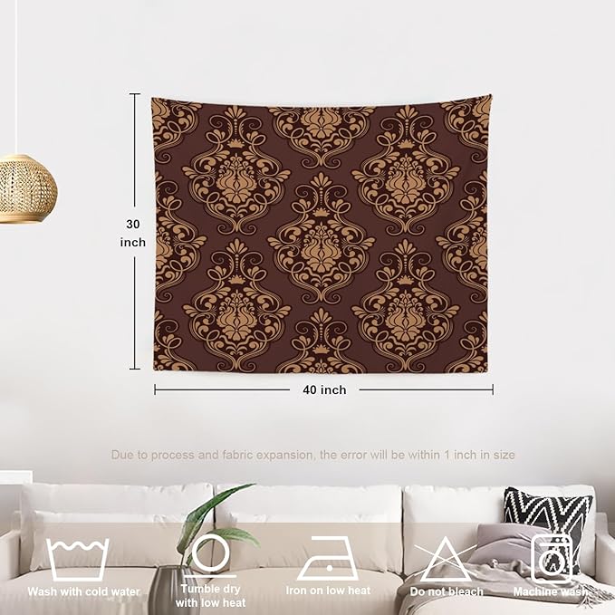 Batmerry Brown Damask Floral Tapestry, Vintage Golden Brown Damask Pattern Wall Art Hanging Decoration Polyester Fiber White Ruffled Around For Dorm Room Bedroom Living Room, 30 X 40 Inches