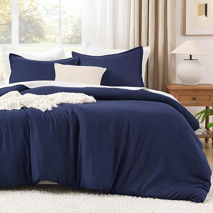 Litanika Comforters Navy Blue Super King Plus Size, 3 Pieces Lightweight Solid Bedding Set & Collections, All Season Fluffy Bed Set (128x120In Comforter & 2 Pillowcases)