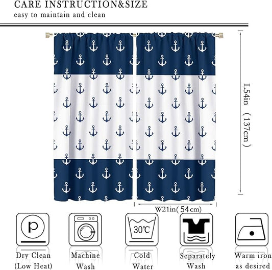 Anchor Pattern Curtains, Nautical Theme Navy Blue White Anchor Sea Life Adventure Print Blackout Window Treatments for Living Room Boys Men's Bedroom 42x54 Inch