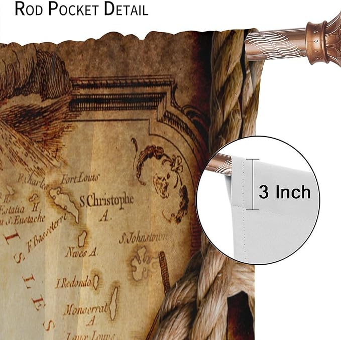 Pirate Map Curtains, Nautical Theme Old Ancient Treasure Map Secret Sea History Pattern Blackout Window Drapes for Kids Boys Bedroom Living Room 42x45 Inch