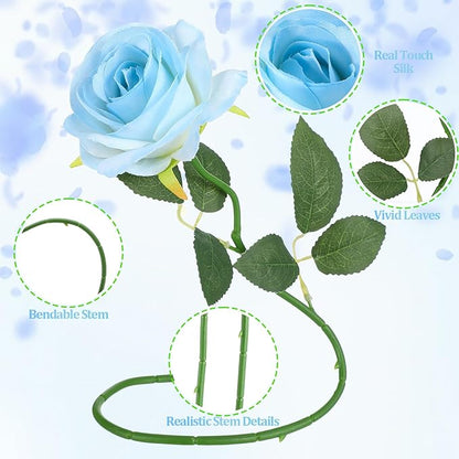 32 Pcs Ice Blue Artificial Roses Fake Flowers, Silk Flowers with Stems for DIY Wedding Bridal Shower Centerpieces Arrangements Tables Decorations