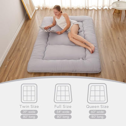 Japanese Floor Mattress, Futon Mattress with Storage Bag and Washable Cover, Roll Up Tatami Mat Suitable for Guest Room, Grey, Queen