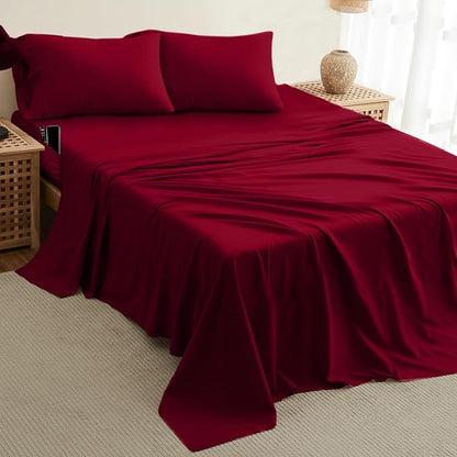 DREAMCARE Twin XL Sheet Sets - 4pc Cooling Sheets XL Twin Sheets - up to 21” Deep Pocket – Hotel Luxury Extra Long Twin XL Bed Sheets 100% Brushed Microfiber with Side Pocket - Burgundy