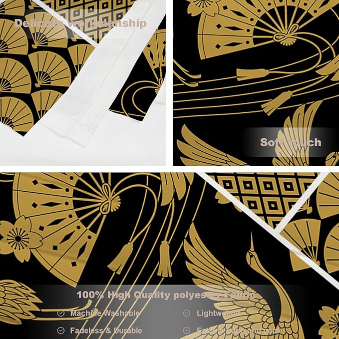 Batmerry Black Oriental Tapestry,Gold Japanese Fan Wall Art Hanging Decoration Polyester Fiber White Ruffled Around for Dorm Room Bedroom Living Room, 51.2x59.1 inches