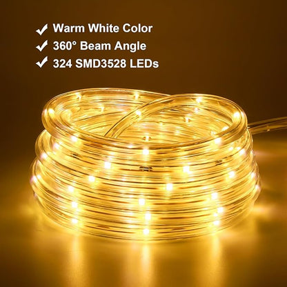 48ft Warm White LED Rope Lights Outdoor - 324 LEDs Christmas Rope Lights, 120V ETL Certified, Connectable to 192ft, Weather-Resistant, w/24 Mounting Clips & Screws - Cozy Home & Café Decor