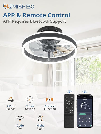 ZMISHIBO Low Profile Ceiling Fans with Lights and Remote, 13 Inch Fandelier Ceiling Fan with Light, Black Modern Flush Mount Ceiling Fan, Small Dimmable LED Fan Lights for Bedroom