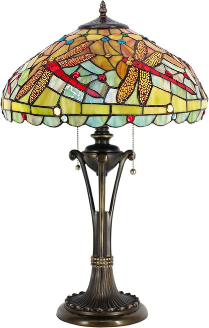 Tiffany Table Lamp Green Red Stained Glass Desk Lamp 16X16X24 Inches Dragonfly Style Reading Light