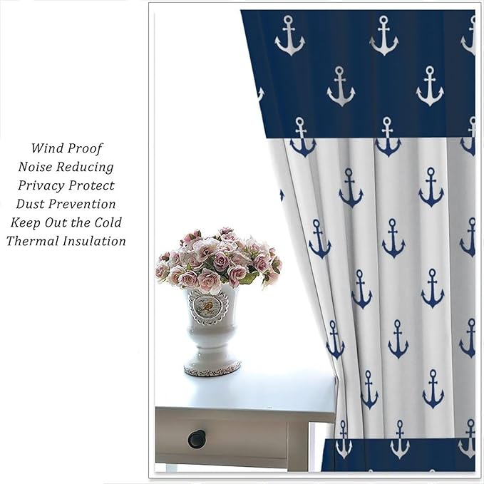 Anchor Pattern Curtains, Nautical Theme Navy Blue White Anchor Sea Life Adventure Print Blackout Window Treatments for Living Room Boys Men's Bedroom 42x45 Inch