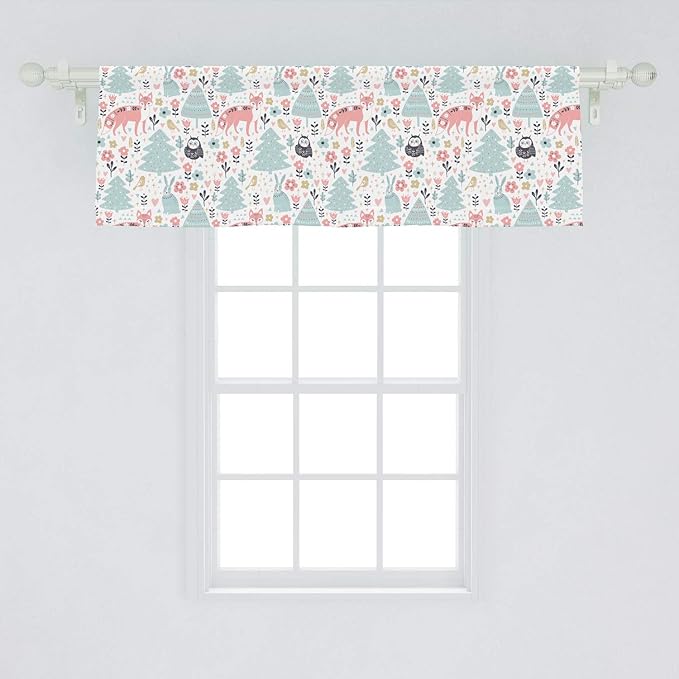Lunarable Scandinavian Window Valance, Owls and Fox Print in Nordic Cartoon Style, Curtain Valance for Kitchen Bedroom Decor with Rod Pocket, 54" X 18", Coral Pale Blue White