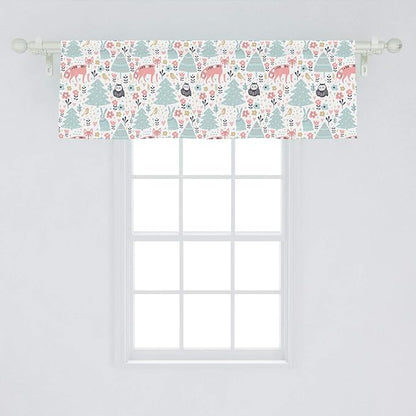Lunarable Scandinavian Window Valance, Owls and Fox Print in Nordic Cartoon Style, Curtain Valance for Kitchen Bedroom Decor with Rod Pocket, 54" X 18", Coral Pale Blue White