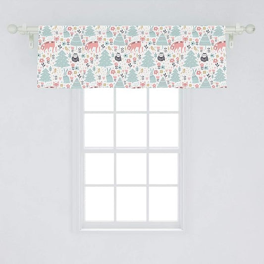 Lunarable Scandinavian Window Valance, Owls and Fox Print in Nordic Cartoon Style, Curtain Valance for Kitchen Bedroom Decor with Rod Pocket, 54" X 18", Coral Pale Blue White