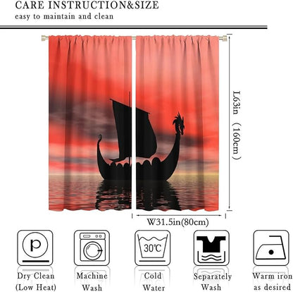 Viking Ship Curtains, Fantasy Ocean Vintage Sailboat at Sundown Nautical Themed Print Blackout Window Treatments for Boys Bedroom Living Room 63x63in