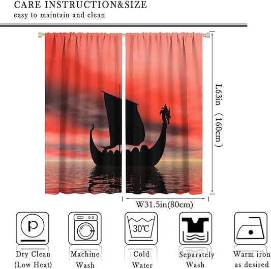 Viking Ship Curtains, Fantasy Ocean Vintage Sailboat at Sundown Nautical Themed Print Blackout Window Treatments for Boys Bedroom Living Room 63x63in