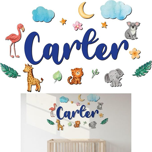 Custom Nursery Name Sign with Themed Decor Kit | Personalized Wooden Wall Art for Baby, Kids Room | Space, Jungle, Circus, Under The Sea, Woodland, Rainbow (10", Jungle/Safari)