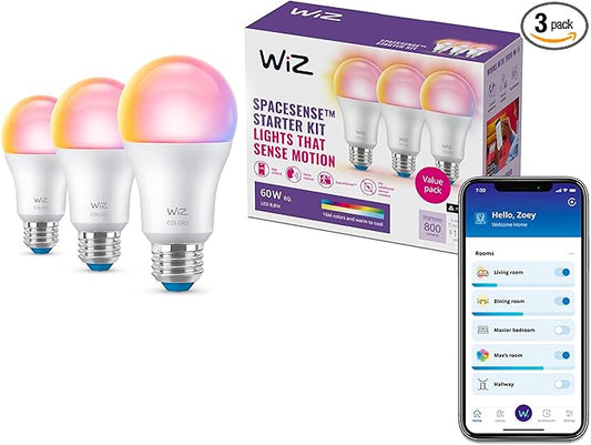 WiZ Connected Smart Light Bulbs, Sunset to Sunrise Automation + Motion Detection + Control with Voice or App, Full Color A19 60W 800LM Indoor, Matter Compatible -3 Pack
