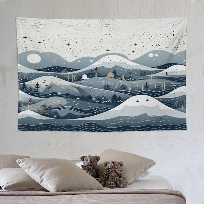 Snow Mountain Scandinavian Winter Wall Tapestry Hello Winter Holiday Tapestries for Bedroom Landscape Tapestry Wall Hanging for Dorm Living Room 60"x90" Tapestries Winter Snowflake Decorative