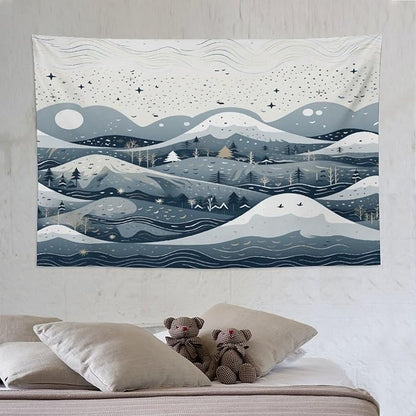 Snow Mountain Scandinavian Winter Wall Tapestry Hello Winter Holiday Tapestries for Bedroom Landscape Tapestry Wall Hanging for Dorm Living Room 60"x90" Tapestries Winter Snowflake Decorative