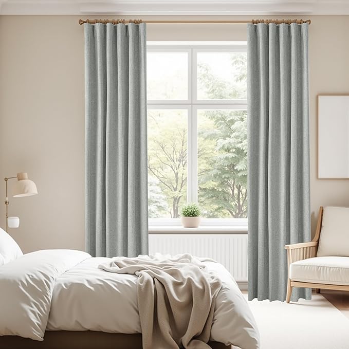 KangBang 100% Blackout Linen Curtains 90 Inches Long 2 PCs, Back Tab Rod Pocket Energy Saving Gray Curtains for Bedroom Dining Home Office, Thermal Insulated & Noise Reducing(Ash Fog Grey,52x90 Inch)