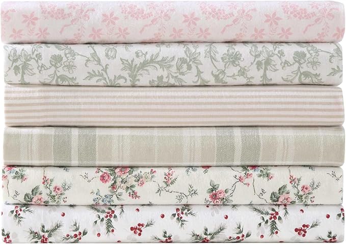 Laura Ashley - Flannel Sheets Full Size, Anti-Pilling & Wrinkle Resistant Cotton, Touchably Soft for All-Season Comfort - Bed Sheets with Matching Pillowcases & Fitted Sheet (Antoinette Pink)
