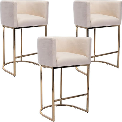 Modern Counter Height Linen Upholstered Bar Stools Set of 3, 29" Kitchen Counter Island Stools Bar Chairs with Gold Metal Frame for Kitchen Island, Cream