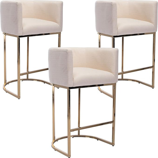Modern Counter Height Linen Upholstered Bar Stools Set of 3, 29" Kitchen Counter Island Stools Bar Chairs with Gold Metal Frame for Kitchen Island, Cream