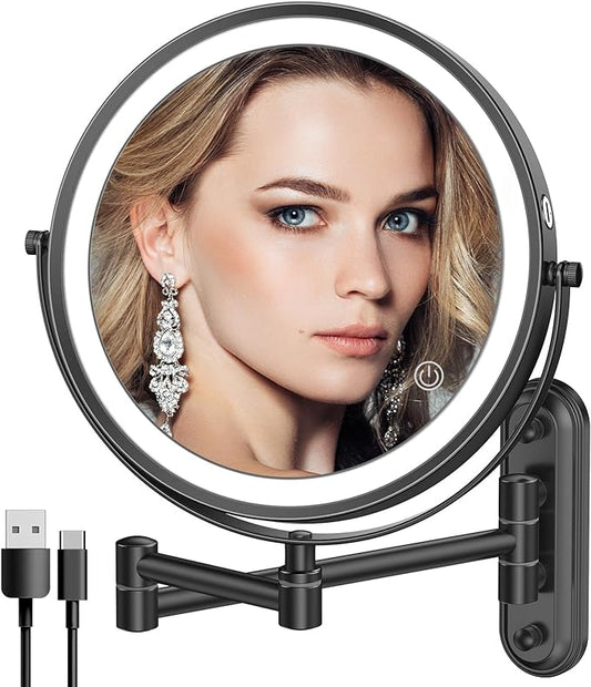 Rocollos Rechargeable Lighted Wall Mounted Makeup Mirror with 3 Color Lights,Dimmable Touch Screen,8 Inch LED Double Sided 1X/10X Magnifying 360°Flexible 13 Inch Retractable