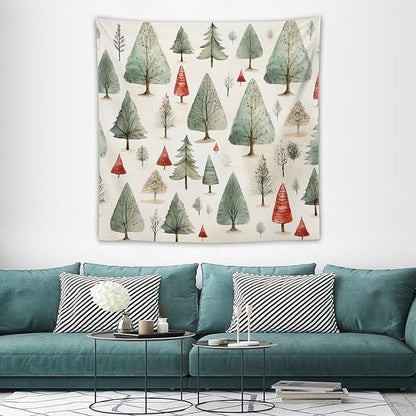 Wall Tapestries Vintage Christmas Tree Watercolor Tapestry Happy New Year Bedroom Tapestries Wall Hanging Decor Tapestry for Bedroom Aesthetic Alt Room 60"x60" Tapestries Winter Snowflake Decorative