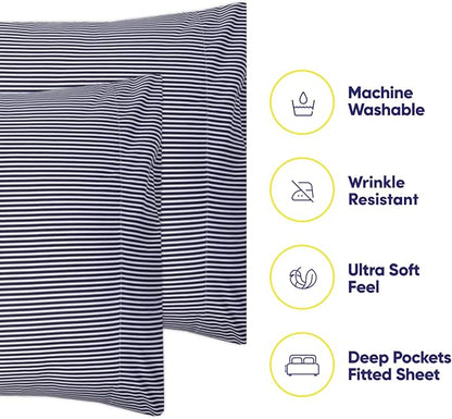 Queen Sheets Stripe Navy - 6 Piece 1500 Supreme Collection Fine Brushed Microfiber Deep Pocket Queen Sheet Set Bedding - 2 Extra Pillow Cases, Great Value, Queen, Classic Stripe Navy